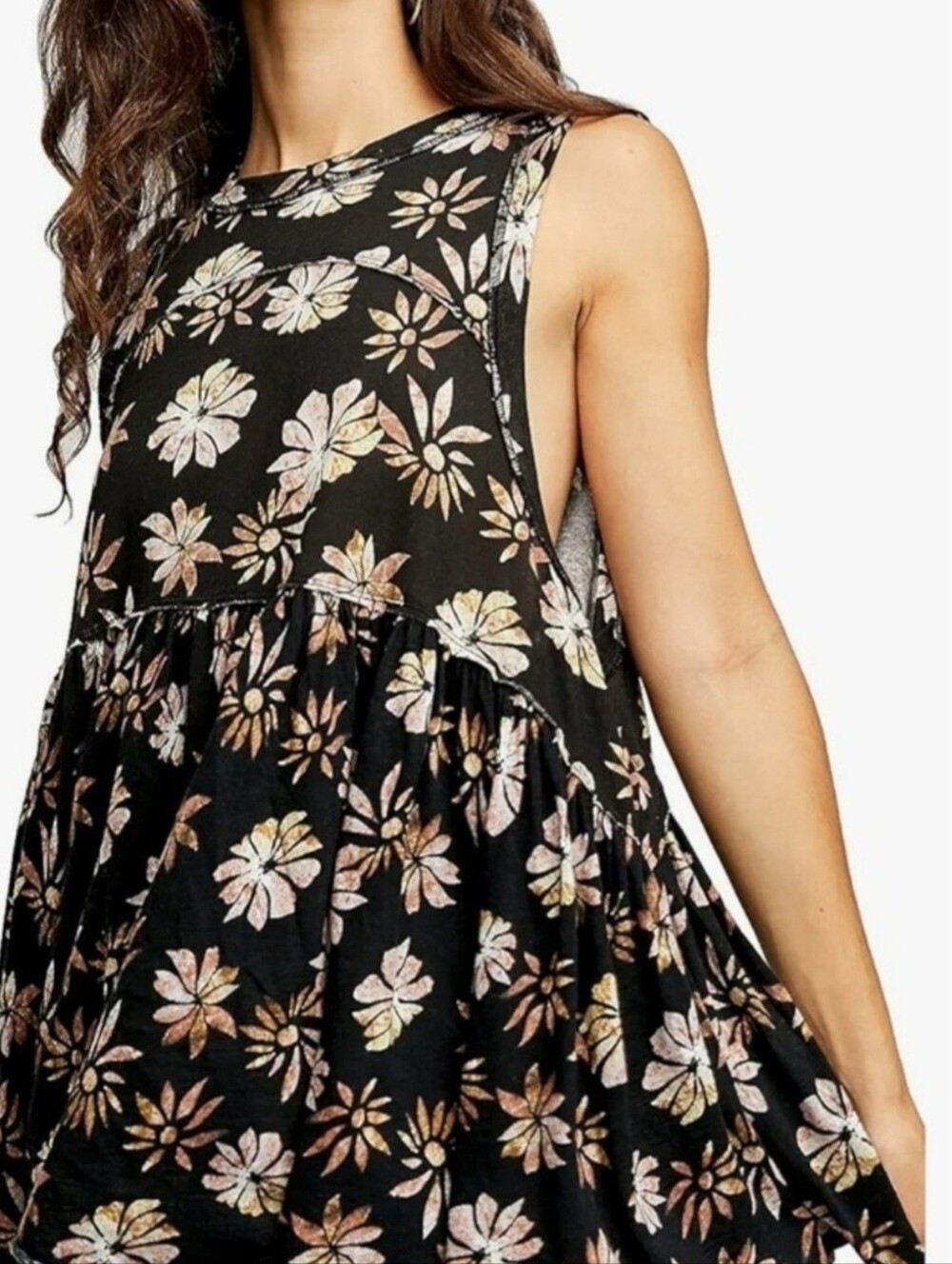 Free People Black Floral Short Sleeve Tee Sz S